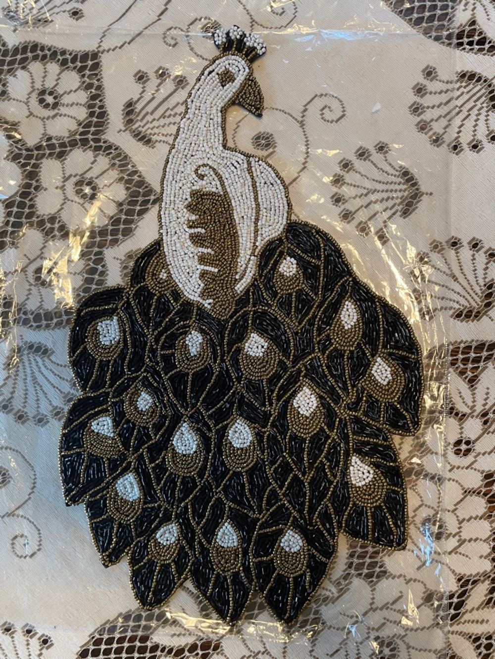 Handmade Beaded Black, White and Gold Peacock Placemat